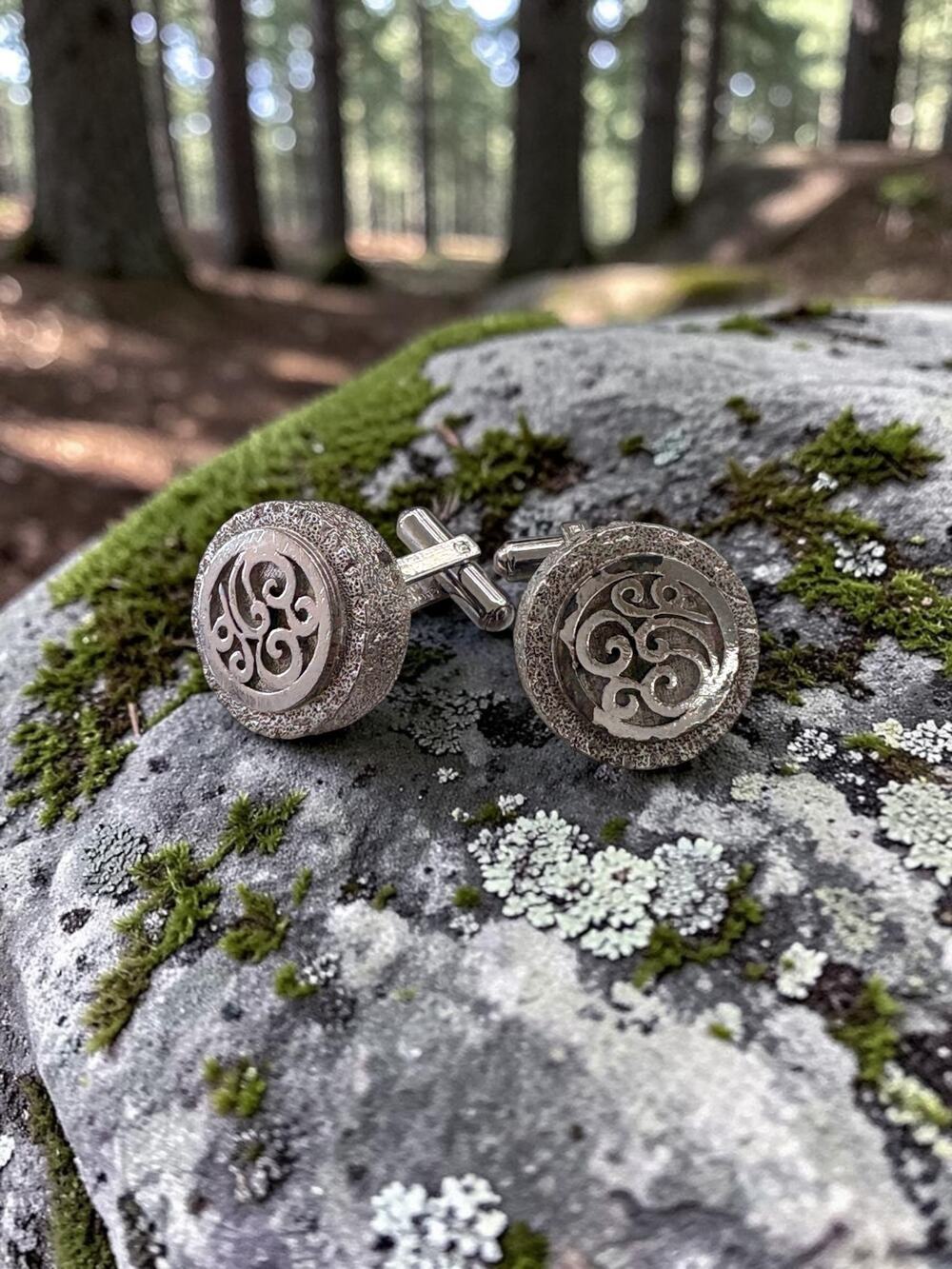Vintage Christian Dior Silver Tone Round Scrollwork Cufflinks Textured Rim